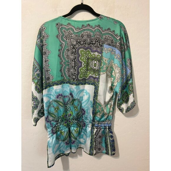 Chico's Sz 2 (US L 12) Shades of Green Silky Flowy Pullover Blouse Cinched Waist - Picture 4 of 7
